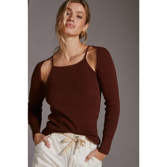 Anthropologie Brown Ribbed Cut-Out Sweater Top Set - New - Medium - Picture 1 of 5